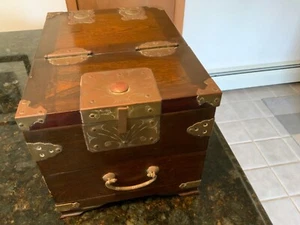 Antique Oriental Travel Vanity Mirror/Shaving /Storage Box 1930s wood and metal - Picture 1 of 8