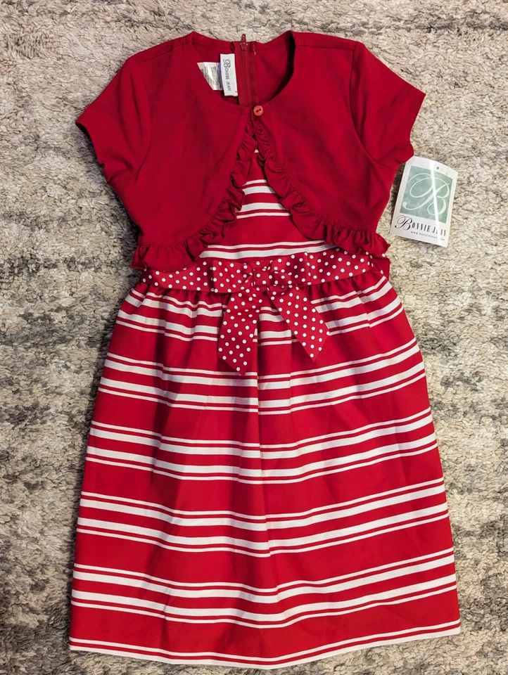 Conjunto de Vestido Bonnie Jean Sin Mangas y Suéter Bolero Rojo Rayas Niñas Talla 6 Nuevo con Etiquetas Foto 1 de 4