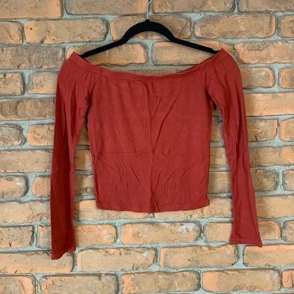 Y2K Ambiance женщин средний верхний ржавчины оранжевый с плеча ребристый длинным рукавом укороченный - Изображение 1 из 3