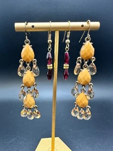 Vintage Chandelier Yellow and Purple Pierced Earrings Gold Tone - Picture 1 of 12