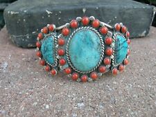1A   MASSIVE 100 GRAM  925 STERLING SILVER WITH CORAL AND TURQUOIS CUFF BRACELET