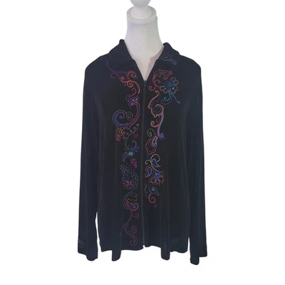 Chico's Size 2 US L Black Floral Embroidered Slinky Full Zip Long Sleeve Jacket - Image 1 of 4