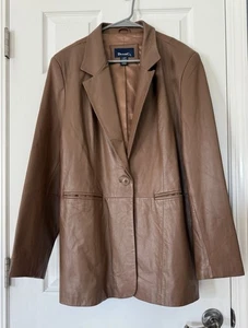 DENIM & CO Leather Brown Jacket Sz XL Womens Chocolate Blazer Pockets EUC - Picture 1 of 14