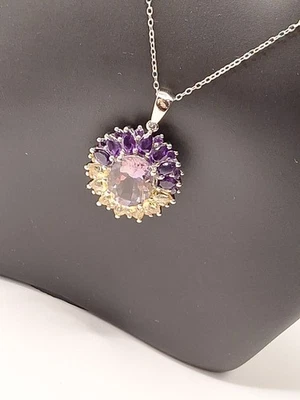 Colar pingente de prata esterlina ametista flor citrina 925 pedra preciosa de dois tons - Imagem 1 de 4