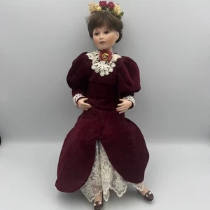 Vintage Porcelain Doll Victorian Burgundy Velvet Dress Floral Hairpiece W Chair - Picture 1 of 11