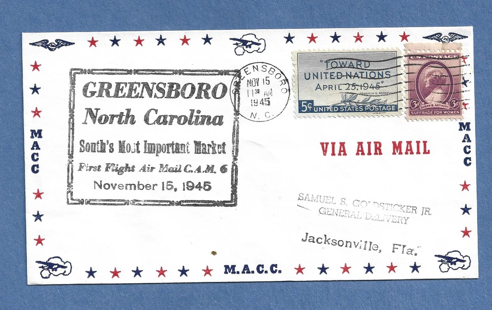 CAM 6 GREENSBORO N.C TO JACKSONVILLE FLA NOV 15,1945   FIRST FLIGHT - Image 1 of 1