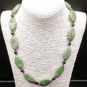 Pale Mint Green Grey Ceramic Oval Stripe Beaded Necklace Adjustable Length Boho - Picture 1 of 11