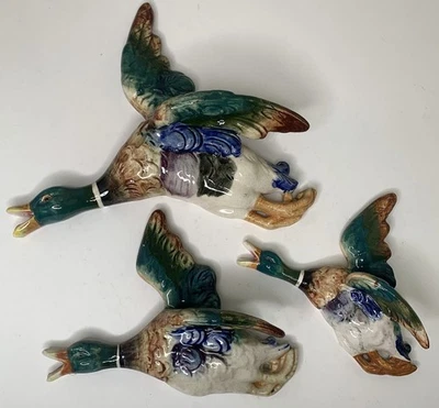 Set of 3 Vintage USA Pottery Ceramic Flying Mallard DUCKS Wall Pocket Vases - Image 1 of 4