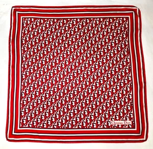 Vintage Christian Dior Red Monogram Silk Scarf Navy Blue White Stripes 26" x 26" - Picture 1 of 4
