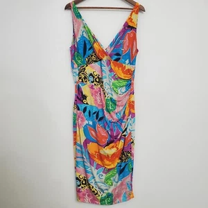 Ralph Lauren Womens Colorful Abstract Tropical V Neck Dress Size 14 Ruched Artsy - Picture 1 of 8