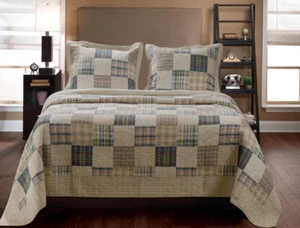 CLASSIC COZY TAN BEIGE BLUE CABIN GREEN COUNTRY SOUTHWEST LODGE PLAID QUILT SET - Picture 1 of 3