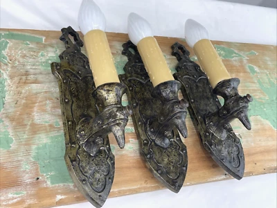 RESTORED Set 3 Antique Wall Sconces Arts Crafts Mission Gothic Tudor Deco Pair + - Image 1 of 4