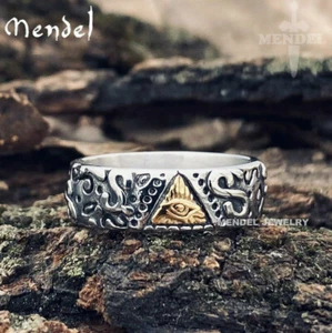 MENDEL Mens Stainless Steel All Seeing Eye Freemason Masonic Band Ring Size 7-15 - Picture 1 of 7