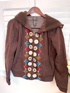 Lucky Brand Hoodie Embroidered Floral Zip Brown Sweatshirt NWT Size L - Picture 1 of 20