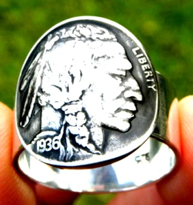 1936 authentic Buffalo Indian Nickel coin signet ring sterling silver 12 size - Picture 1 of 7