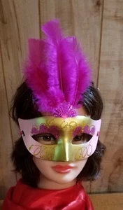 Great Mardi Gras Mask - Pink & Gold Mask w/Pink Ribbon Ties - Only 1 - Picture 1 of 7