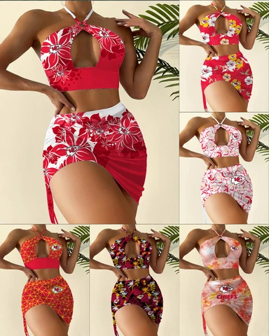 Kansas City Chiefs Women's 2Pcs Cutout Swimsuit Criss Cross Halter Bikini Set Cover