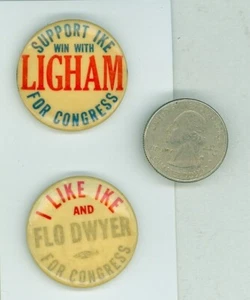 Dwight Eisenhower Flo Dwyer Ligham New Jersey Kongress politische Pinback Knöpfe - Bild 1 von 2