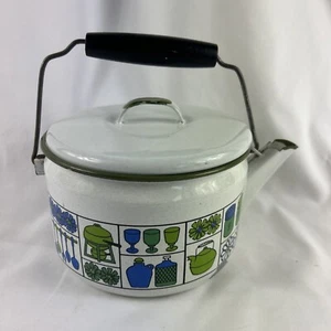 White Enamel Metal Tea Pot Kettle Wood Handle Blue Green Kitchen Retro - Picture 1 of 8