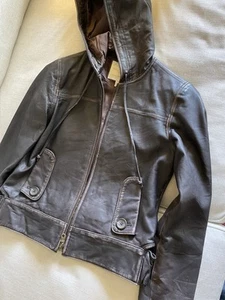 Vintage Old Navy Leather Hoodie Jacket Women’s Small Brown Hood Zip Pockets RARE - Picture 1 of 10