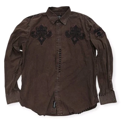 Affliction Button Up Shirt Mens XL Brown Spell Out Over Dyed Y2K Grunge Goth - Image 1 of 4