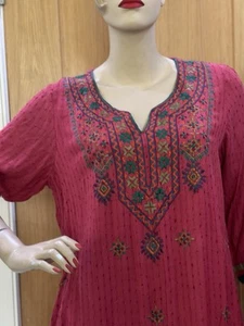 1990s BIBA Dark Rose Coloured Embroidered Long Tunic Top Kaftan Sz38 Side Slits - Picture 1 of 13