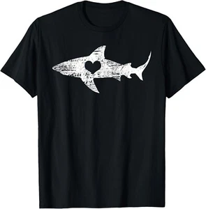 Vintage Shark Silhouette Hammerhead Shark Tiger Shark Heart Gift Unisex T-Shirt - Picture 1 of 4