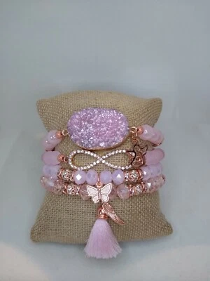 Conjunto de pulsera elástica con dije de cristal de cuarzo druzy ágata oro rosa bebé Foto 1 de 4