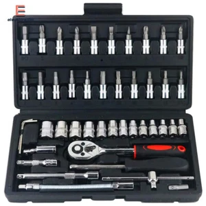 46Pcs Socket Set Car Repair Tool Ratchet Torque Wrench Kit 1/4" Drive with Box - Bild 1 von 12