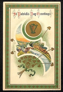 St Patrick's Day Postcard Harp Clover Stone Bridge Over River PM 1917 - Picture 1 of 2