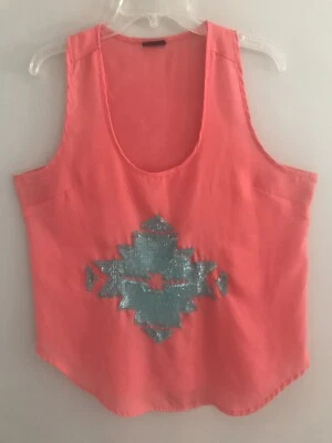 Rue 21 Women’s Girls Coral Color Teal Sequins Sleeveless Tank Top Size Medium - Image 1 of 4