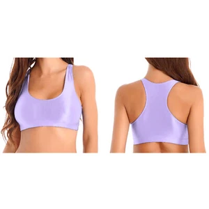 Women Tops Sheer Bra Modern T-shirt Glossy Vest Training Crop Top U Neck Tee - Picture 1 of 87