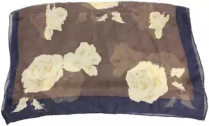 Giorgio Armani Brown Navy Blue Beige Rose Floral 100% Silk Scarf 1G922 - Picture 1 of 6