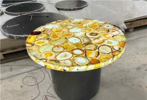 Yellow Agate Round Coffee Table – Natural Gemstone Slab – Handmade Center Table - Picture 1 of 9