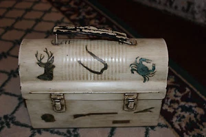 Vintage Lib Brown Lunch Box Metal Hunting Fishing Scenes Unusual Lunchbox - Picture 1 of 12