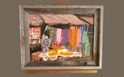 Pintura al óleo sobre lienzo tablero de arte popular marroquí escena del mercado 10" X 15" firmado Rex Foto 1 de 4