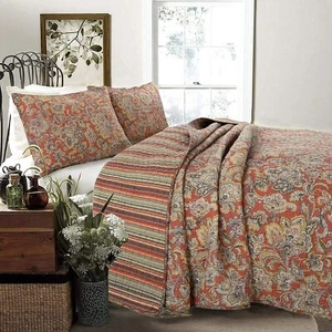 Lara Spice Paisley Reversible 100%Cotton Quilt Set Bedspread Coverlet Daybed - Picture 1 of 13