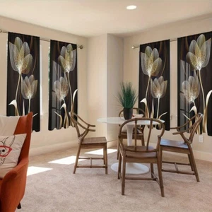 2Pcs Golden Artistic Floral Curtains Print 3D Printed Drapes Living Room Decor - Picture 1 of 27