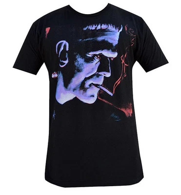 Lowbrow Art Mike Bell Franky Fumando Frankenstein Para hombres Camiseta Negra Tatuaje Camiseta Foto 1 de 4