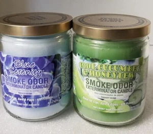 Smoke Odor 13 oz Candles 2 Fragrances Set Blue Serenity/Cool Cucumber & Honeydew - Picture 1 of 4