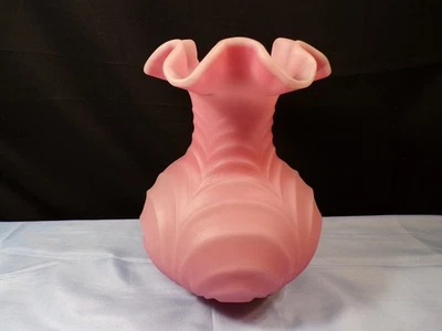 Fenton Pink Satin Glass Embossed Scroll or Peacock Tail Vase INV2 - Image 1 of 4