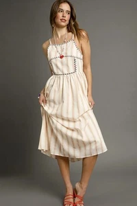Umgee Striped Colorful Embroidered Trim Midi Cami Dress - Picture 1 of 5