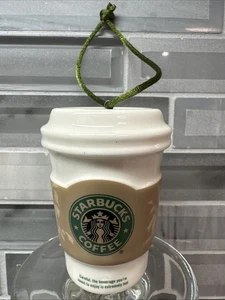 2008 ~ Starbucks Holiday Weihnachtsschmuck cremefarbenes Porzellan mit grünem Aufhänger ~ EUC! - Bild 1 von 6