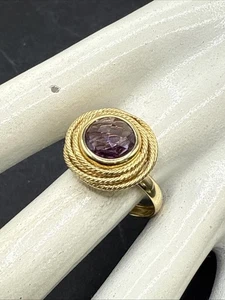 ❤️ 14K Yellow Gold Round Purple Statement Size 9 3/4 Cocktail Ring - Picture 1 of 12