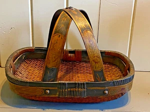 Chinesischer geflochtener Weidenmarkt Blume Bambusmaserung Korb Holzgriff 22" L Vintage - Bild 1 von 16