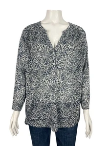 H&M Womens Blouse Shirt Large Floral Blue Henley 3/4 Sleeve Top - Picture 1 of 9
