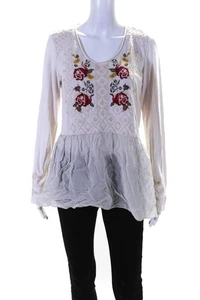 JW Los Angeles Womens Long Sleeve Scoop Neck Embroidered Blouse White Size M - Picture 1 of 4