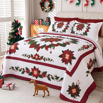 3 Piece Christmas Quilt Bedspread,Queen Size Christmas Flower Themed Bedding,Rev