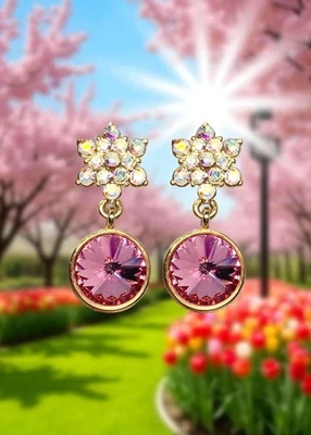 Pendientes colgantes redondos rosa fucsia elementos de Swarovski enchapados en oro de 18 quilates Foto 1 de 4