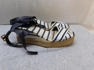 Tory Burch Sandals Womens Size 8 Navy Cream Striped Espadrille Wedge Ankle Wrap - Picture 1 of 9